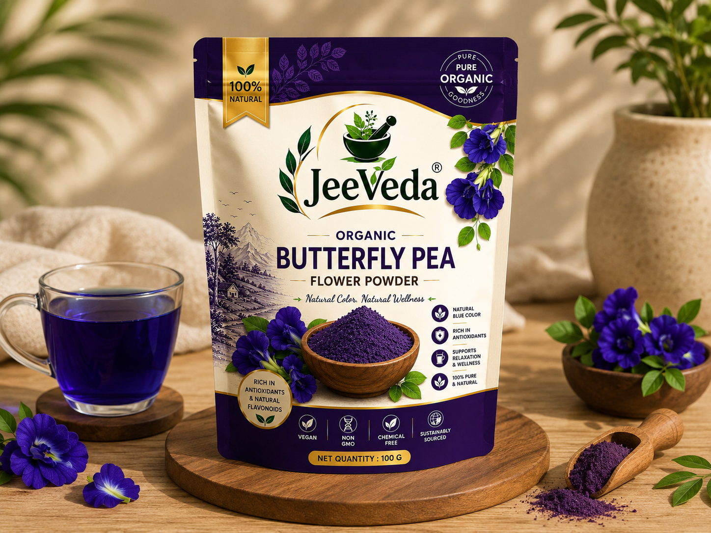 JeeVeda Butterfly Pea Flower Powder — lifestyle visual