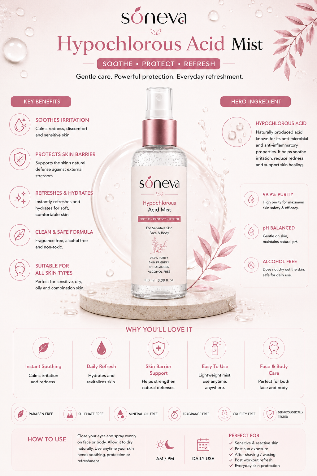 Soneva Hypochlorous Acid Mist — benefits infographic