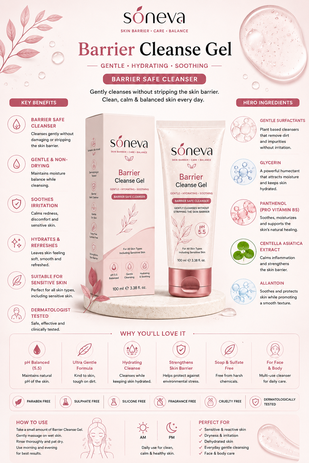Soneva Barrier Cleanse Gel — benefits infographic