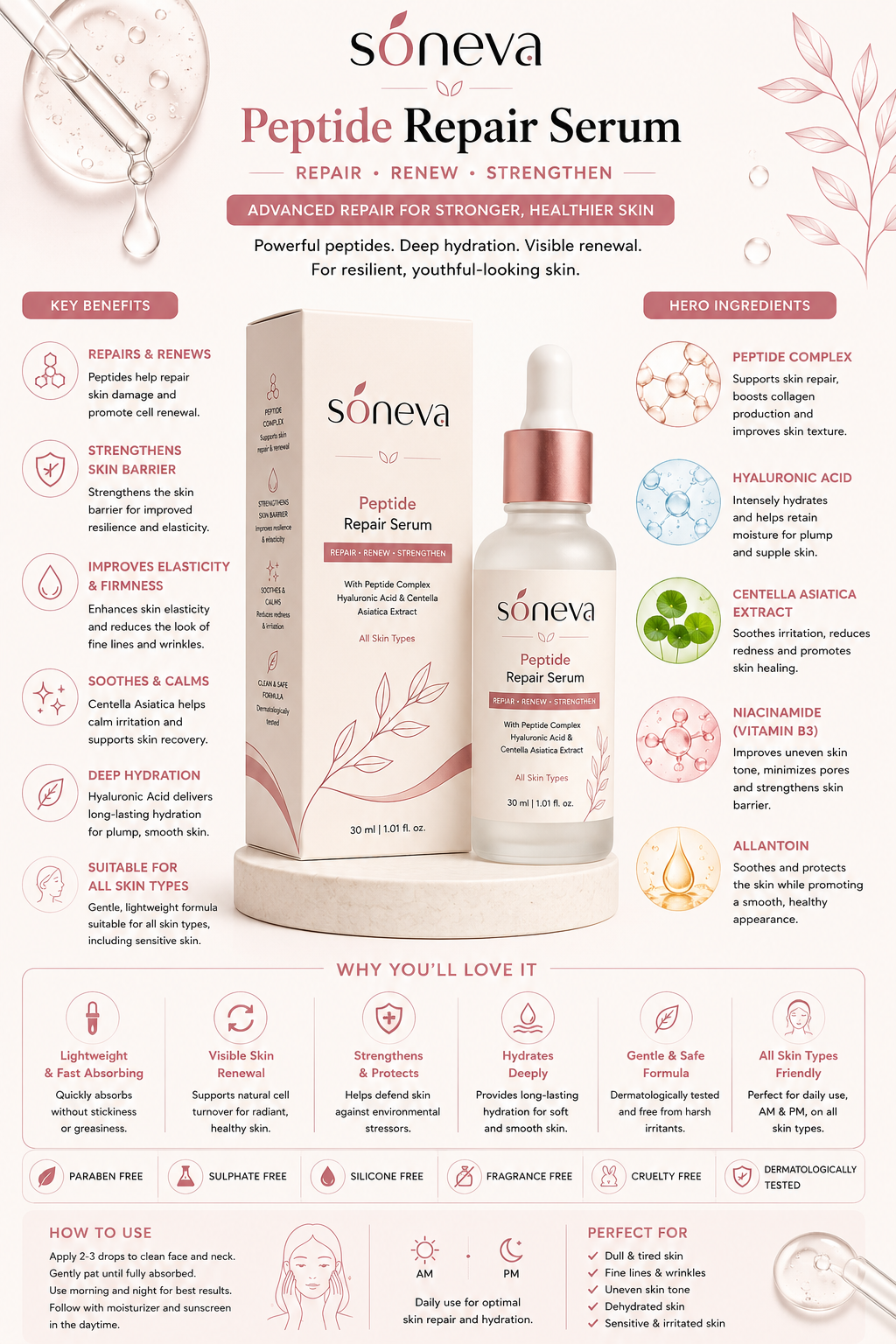Soneva Peptide Repair Serum — benefits infographic